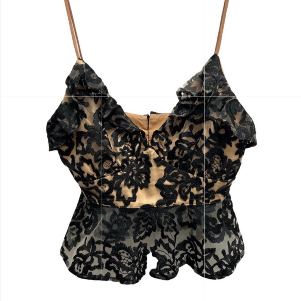 Lovers + Friends Top Peplum Lace Mesh Black Size S